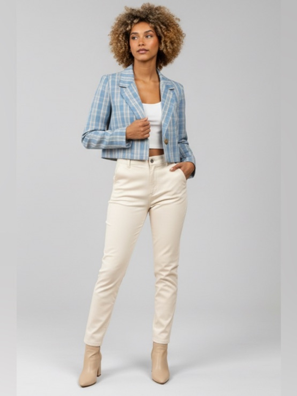 SKYLINE PLAID BLUE LIGHTWEIGHT BUTTON CLOSURE BLAZER